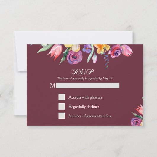 Aquarelle florale sur RSVP Bourgogne et Menu (Devant)