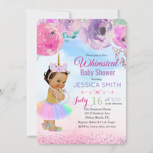 Aquarelle florale Unicorn Baby shower Invitation (Devant)
