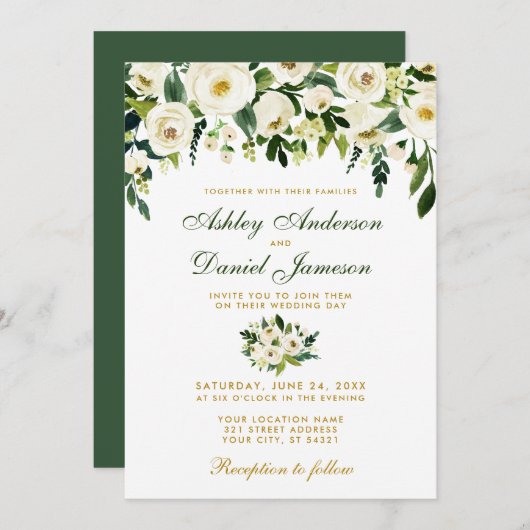 Aquarelle Florale Vert Faire-part de mariage or GB (Devant / Derrière)