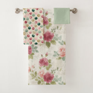Aquarelle Florale Vintage Vert Sauge et Rose