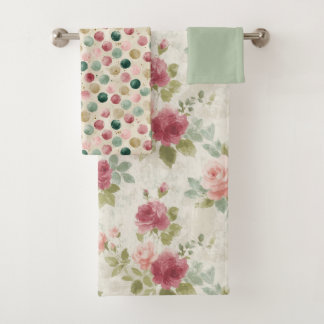 Aquarelle Florale Vintage Vert Sauge et Rose