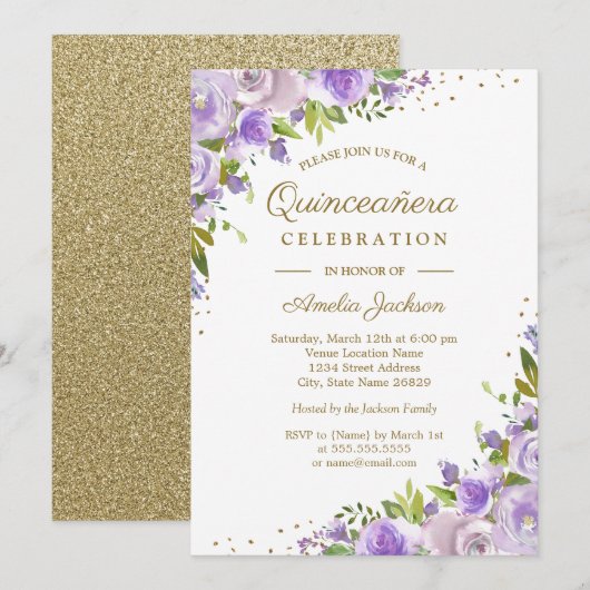 Aquarelle Florale violet or Quinceanera Invitation (Devant / Derrière)