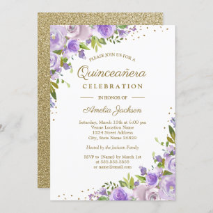 Aquarelle Florale violet or Quinceanera Invitation