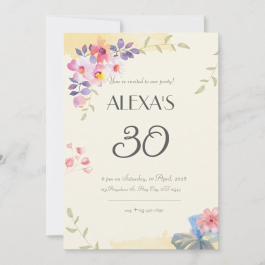 Aquarelle Flower 30'e anniversaire invitation (Devant)