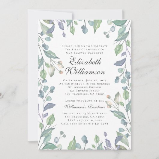 Aquarelle Foliage Première communion Invitation (Devant)