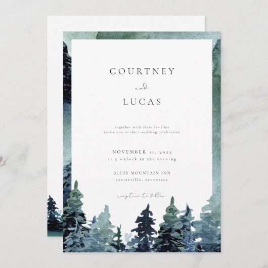 Aquarelle Forêt Faire-part de mariage bois (Devant / Derrière)
