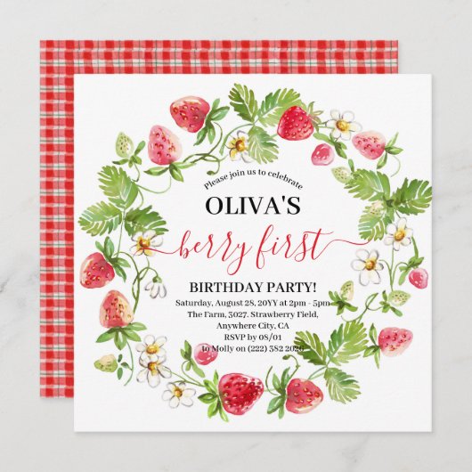 Aquarelle fraise 1er anniversaire Invitation (Devant / Derrière)