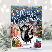Aquarelle Funky Chat Noir Merry Carte de Noël