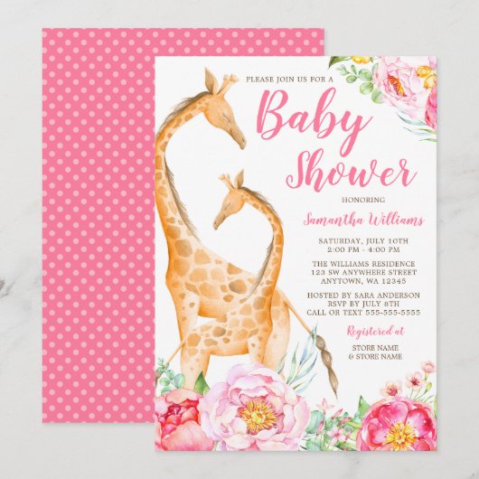 Aquarelle Giraffe Girl Baby Shower Invitations (Devant / Derrière)