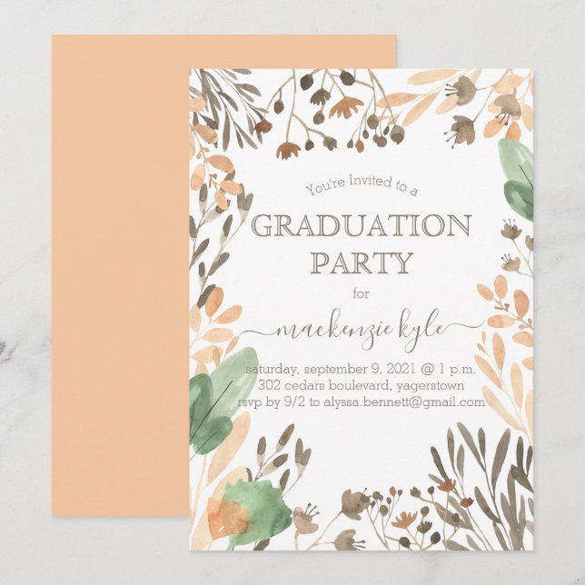 Aquarelle Graduation Boho Green Invitation (Devant / Derrière)