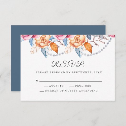 Aquarelle Gris Orange Brûlé Mariage Floral RSVP (Devant / Derrière)