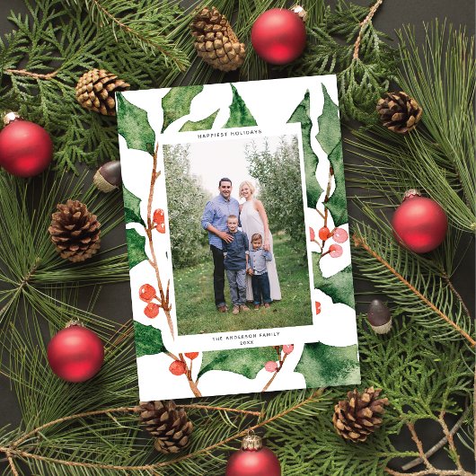 Aquarelle Holly + Berries Carte photo de vacances