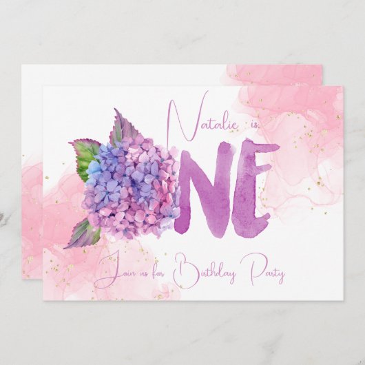 Aquarelle hydrangée première Invitation anniversai (Devant / Derrière)