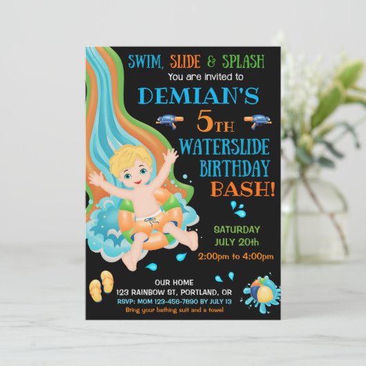 Aquarelle invitation anniversaire Boy pool fête (Debout devant)