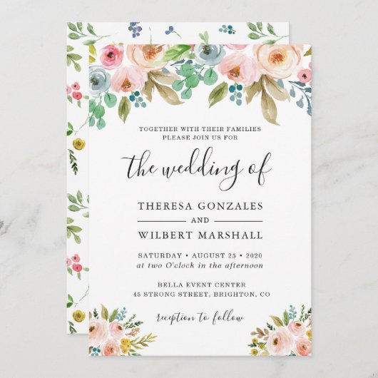 Aquarelle Jardin Fleurs fraîches Faire-part de mar (Devant / Derrière)