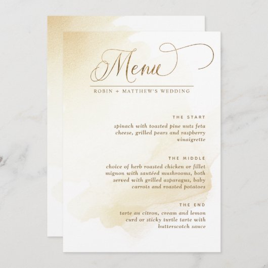Aquarelle Jaune Dorée Elégant Menu Mariage (Devant / Derrière)