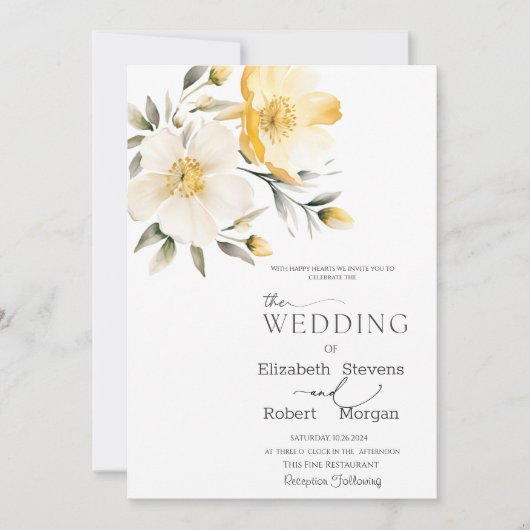 Aquarelle Jaune Fleurs blanches Faire-part de mari (Devant)
