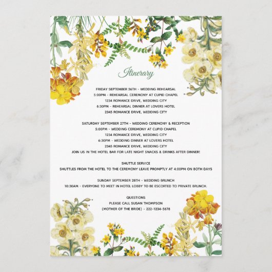 Aquarelle jaune Programme d'itinéraire Mariage flo (Dos)