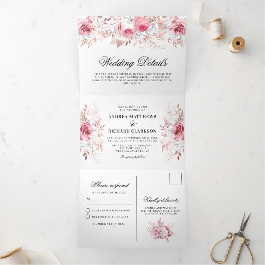 Aquarelle Jolie rose Mariage Floral Tri-Fold (Intérieur)