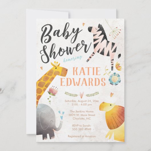 Aquarelle Jungle Animaux Baby shower Invitation (Devant)