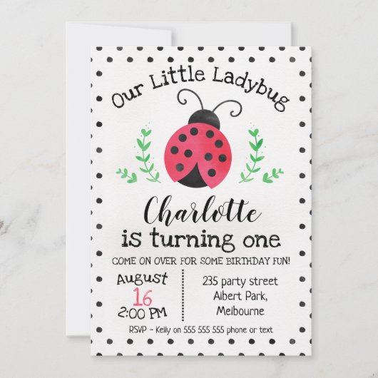 Aquarelle Ladybug Invitation d'anniversaire (Devant)