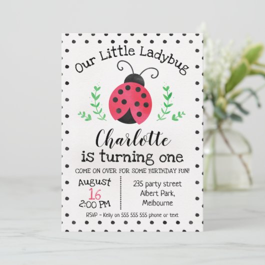 Aquarelle Ladybug Invitation d'anniversaire (Debout devant)
