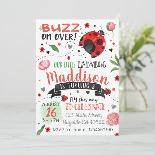 Aquarelle Ladybug printemps Invitation d'anniversa (Debout devant)