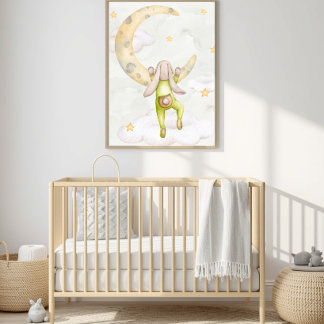 Aquarelle Lapin Grimpant sur la Lune Décoration de