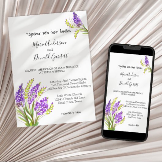 Aquarelle Lavande et fleurs vertes Invitation