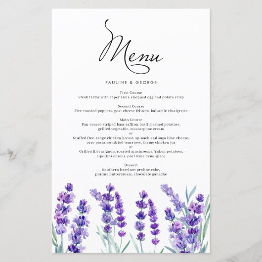 Aquarelle Lavande Fleurs Printemps Menu Mariage (Devant)