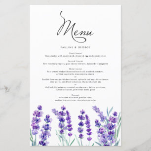 Aquarelle Lavande Fleurs Printemps Menu Mariage