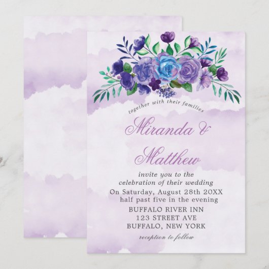 Aquarelle Lavande Floral Mariage Invitations (Devant / Derrière)