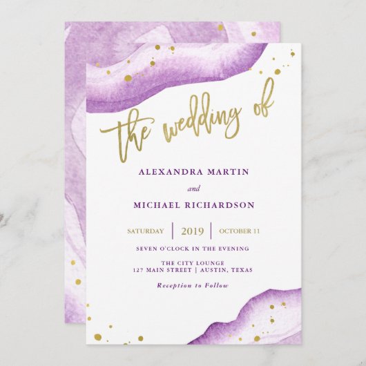 Aquarelle Lavender Gold Faire-part de mariage (Devant / Derrière)