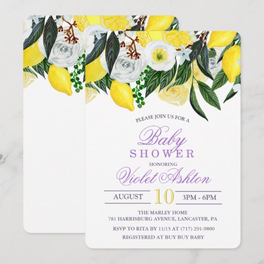 Aquarelle Lemon Floral Baby shower Invitation (Devant / Derrière)