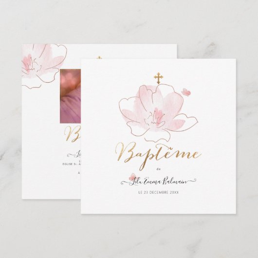 Aquarelle Les Fleurs Faire-part de Baptême (Devant / Derrière)