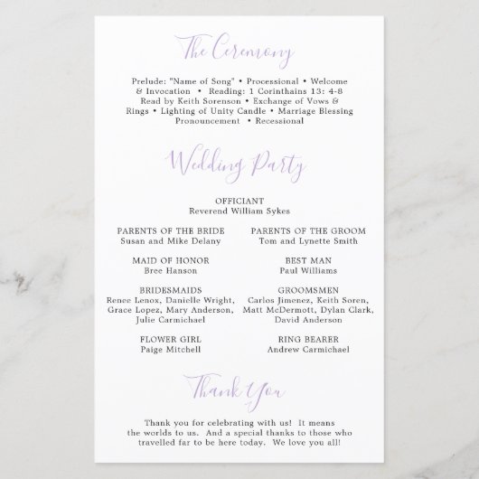 Aquarelle Lilac Floral Élégant programme de mariag (Dos)