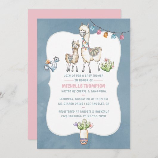Aquarelle Llama thème Baby shower Invitation (Devant / Derrière)