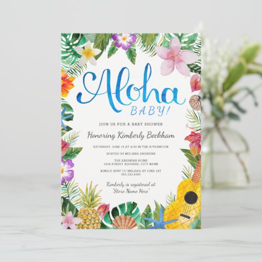 Aquarelle Luau Baby shower Invitation | Bleu (Debout devant)