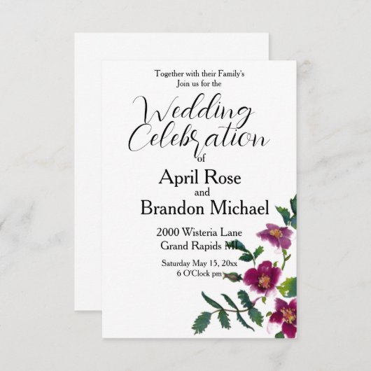 Aquarelle magenta vintage rose invitation (Devant / Derrière)