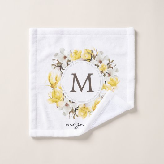 Aquarelle Magnolia jaune Monogramme de couronne (Gant de toilette)
