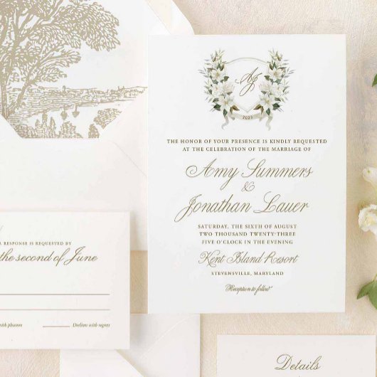 Aquarelle Magnolia Mariage Crest Invitation