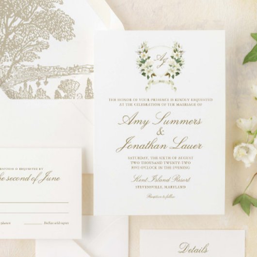 Aquarelle Magnolia Mariage Crest Invitation