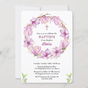 Aquarelle Magnolia Wreath Baptême Invitation