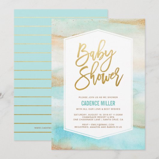 Aquarelle Marbre bébé garçon douche Invitation (Devant / Derrière)
