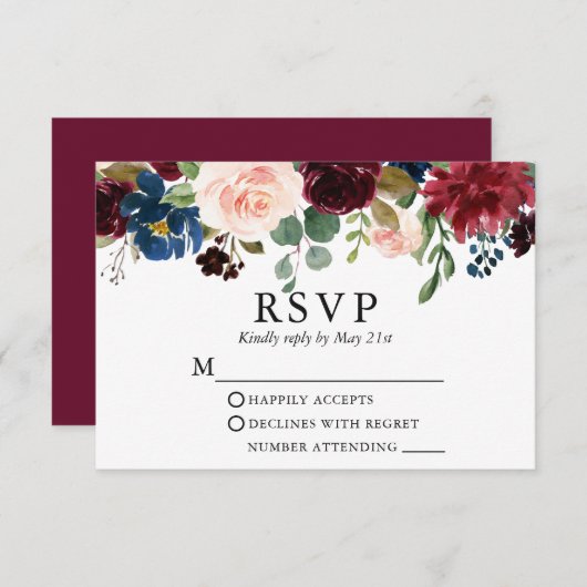 Aquarelle mariage Bourgogne bleu rose floral RSVP (Devant / Derrière)