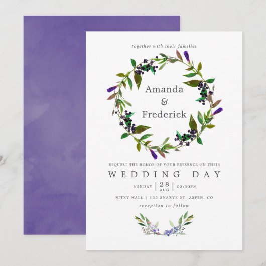 Aquarelle Mariage ultra violet Invitation florale (Devant / Derrière)