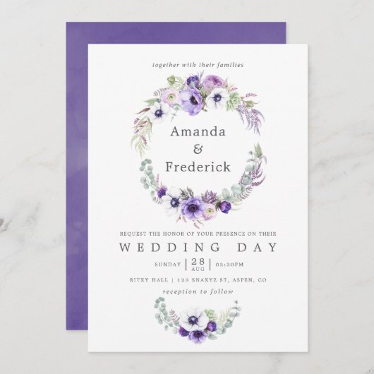 Aquarelle Mariage violet poussiéreuse Invitation f (Devant / Derrière)