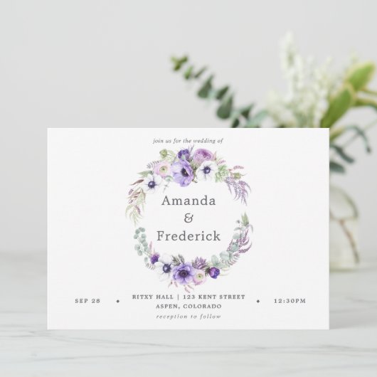 Aquarelle Mariage violet poussiéreuse Invitation f (Debout devant)