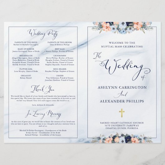 Aquarelle Marine Bleu Floral Mariage Programme de  (Devant)