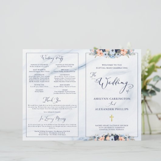 Aquarelle Marine Bleu Floral Mariage Programme de  (Debout devant)